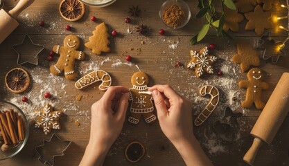 Overhead view of hands decorating festive gingerbread cookies with icing on a rustic wooden table, surrounded by baking ingredients and tools.
