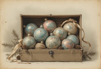 Charming vintage globe Christmas ornaments featuring old world maps in soft blue and pink hues, carefully placed within a worn, antique wooden chest. 