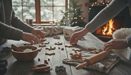 Hands making Christmas cookies on a rustic wooden table with a fireplace and Christmas tree in the background.