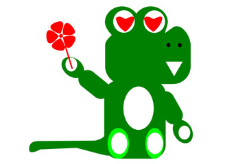 Vector illustration of a cute crocodile holding a red flower with heart-shaped eyes, symbolizing love.