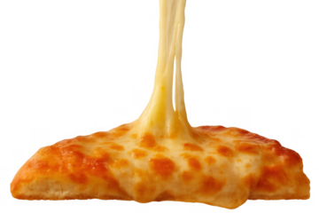 Pizza slice with hot mozzarella cheese stretching upwards, demonstrating a delicious cheesy pull on transparent background