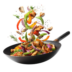 Chicken stir fry with vegetables cooking in wok asian cuisine concept isolated on transprint background