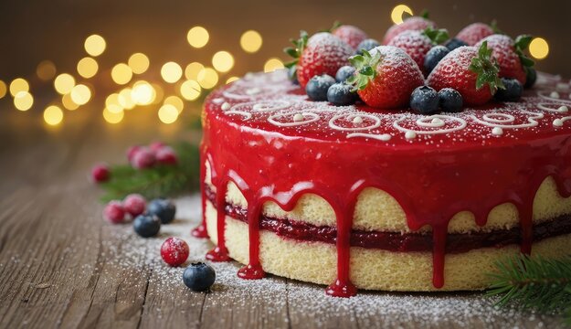 Festive red glazed cake with fresh strawberries and blueberries on a rustic wooden table, illuminated by warm bokeh lights.