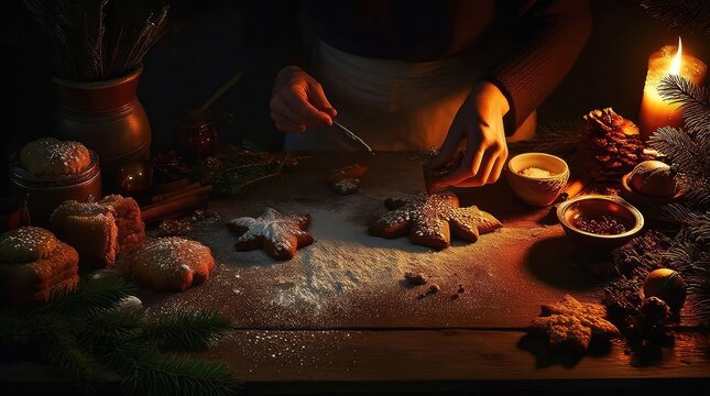 Person decorating star-shaped cookies on a rustic wooden table with warm candlelight, surrounded by baking ingredients and festive greenery.