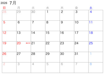 シンプルカレンダー2026年7月