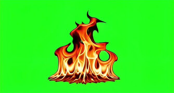a fire with orange flames on it and isolated on green screen or chroma key background