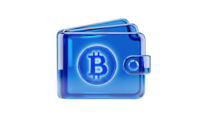 Blue Glass 3D Digital Wallet and Cryptocurrency Icon, isolated on white