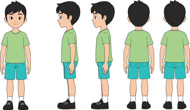 Cartoon boy character sheet, animation turnaround, front side back views, green shirt, blue shorts, black shoes, design reference