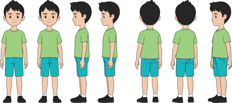 Cartoon boy turnaround sheet, character design, front side back views, animation reference, green shirt, blue shorts, black shoes