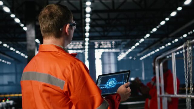 Worker using AI system powered by machine learning to monitor machinery on the factory floor, industrial environment shows heavy technology and engineering development. Camera B.