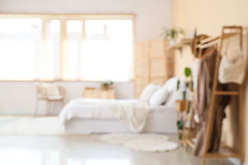 Interior of cozy bedroom with clothes rack and armchair