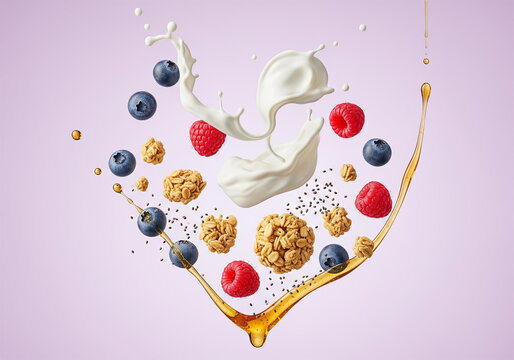Creamy yogurt splash with mixed berries raspberries blueberries honey and granola on pink background