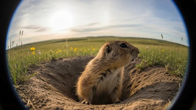 Prairie dog observes from burrow in grassland under setting sun panorama sequence