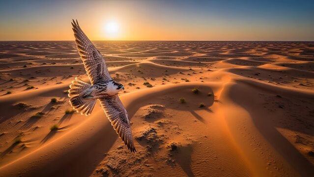 Bird of prey soaring over sand dunes at sunset - Powered by Adobe