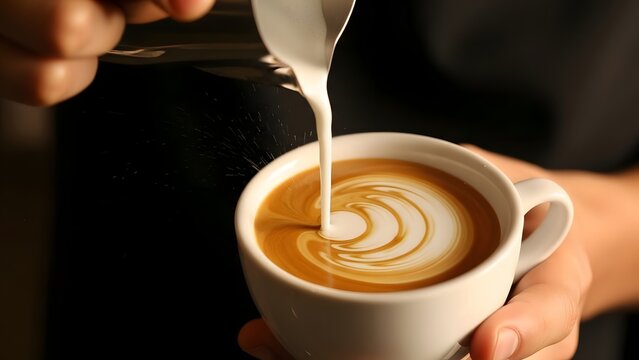 Barista pouring steamed milk into coffee creating latte art swirl