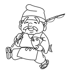 かわいい七福神・恵比寿の線画イラスト