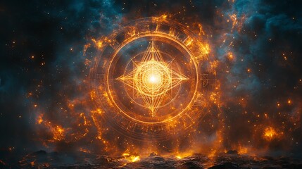 Obraz premium Golden mystical symbol with fire background