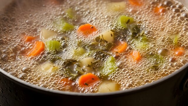 Close up of healthy vegetables simmering in boiling water in a pot