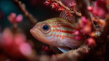 A small, red-striped cardinalfish hiding among the submerged branches of a dark mangrove root system.