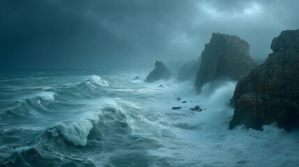 Coastal storm, featuring massive turquoise waves crashing violently against towering, rugged sea cliffs.