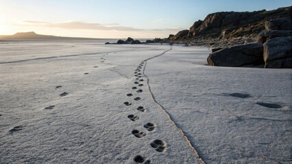 Wet footprints on sandy beach following a path to the horizon
