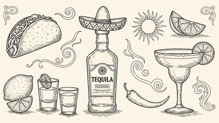 A detailed sketch of Mexican food and drink elements, including a taco, tequila bottle with sombrero, shot glasses, margarita, lime, and chili pepper.