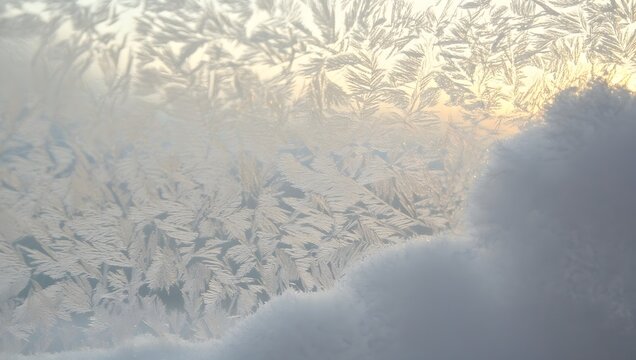Delicate frost crystal patterns covering a window with soft backlight. - Powered by Adobe