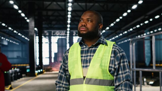 Engineer in safety hi vis vest uses tools in a fabrication workshop, illustrating manufacturing process and manpower strength. Industrial environment guiding heavy product development. Camera B.