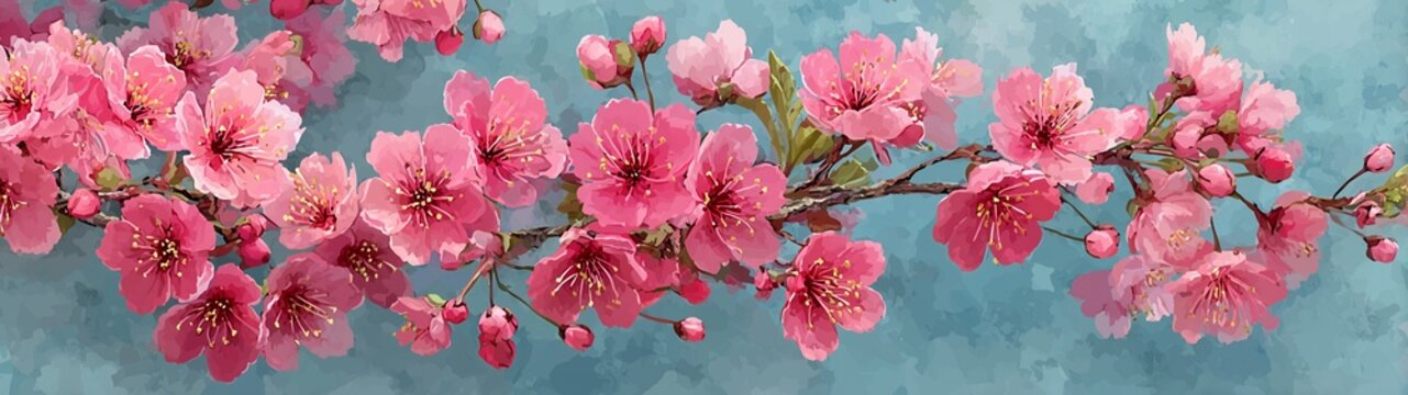 Spring Sakura Watercolor Background, Pastel Blue with Pink Cherry Blossoms in Anime-Style Flat Illustration, Top Space for Text, Perfect for Web Banner and Social Media Cover.