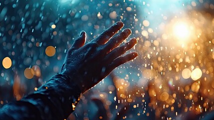 A hand outstretched in the rain, with water droplets visible. Bokeh lights create a warm, inviting atmosphere.