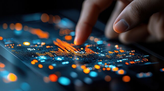 A close-up of a hand touching a digital interface with glowing data visualizations. The scene is set against a dark background, highlighting a futuristic techno