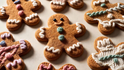 Cozy gingerbread cookies decorated with soft yarn-style icing, warm handmade holiday aesthetic, creative knitted texture, festive Christmas treats in a cute crafted style.