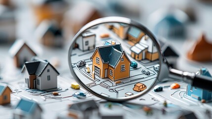 A magnifying glass focuses on a miniature house, surrounded by other miniature houses, representing real estate and property concepts.