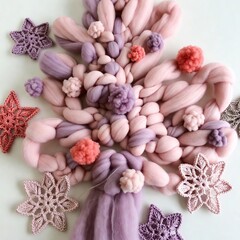 Soft pastel wool Christmas tree decorated with fluffy pom-poms in pink and lavender tones, delicate handmade holiday craft, cozy winter aesthetic on white background.