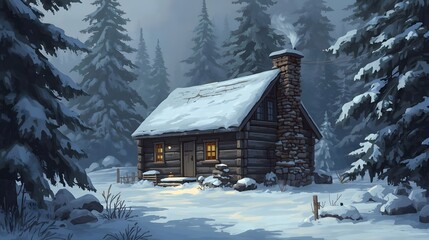 A Solitary Winter Cabin's Glow, Deep in the Snow-Covered Forest.