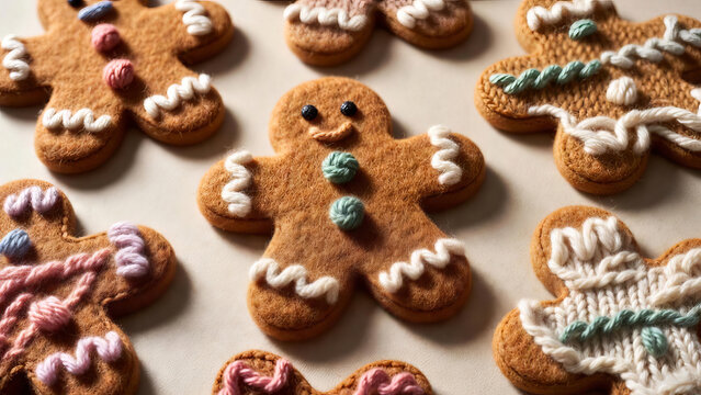 Cozy gingerbread cookies decorated with soft yarn-style icing, warm handmade holiday aesthetic, creative knitted texture, festive Christmas treats in a cute crafted style.