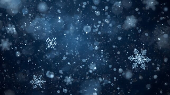 A serene, dark blue background captures a gentle snowfall, with intricate ice crystals illuminated by soft light.