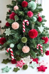 Vibrant green yarn Christmas tree decorated with colorful pom-poms, knitted candy canes, and soft star ornaments, cheerful handcrafted holiday design.