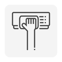Air conditioner indoor unit cleaning vector icon. Hand wiping evaporator indoor unit, representing AC cleaning, HVAC maintenance for cooling efficiency, healthy airflow and energy savings.