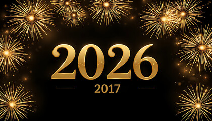 "Happy New Year 2026 golden typography with sparkling fireworks, luxury black background, elegant festive design, high-resolution digital art, perfect for celebration posters and banners."