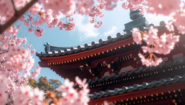 A traditional Japanese temple roof framed by vibrant pink cherry blossom flowers under a blue sky, bathed in sunlight, evoking a sense of peace and tranquility.