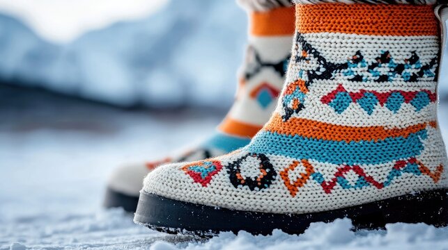 Close-up of two knitted boots with colorful patterns standing on snow, with a blurred winter landscape background.