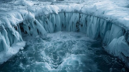 Where glacial blue water churns beneath a ring of massive, sapphire icicles, The Ice Caldera: A mesmerizing view of a partially-frozen waterfalls winter basin.