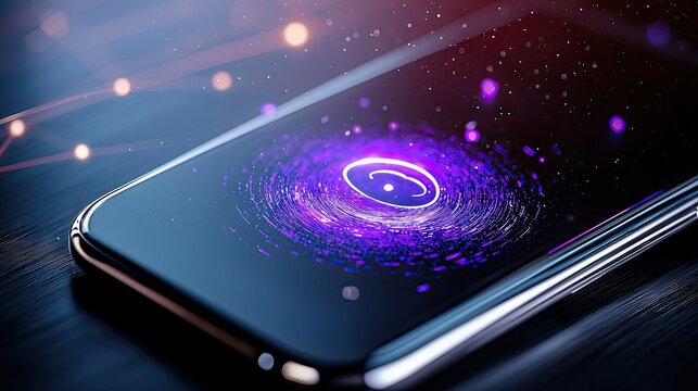 Close-up of a smartphone screen displaying a futuristic digital galaxy concept, set on a dark wooden table with dramatic lighting.