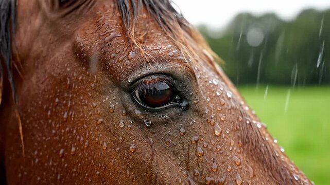 Close up brown horse face with insect and water droplets in natural outdoor setting with green background