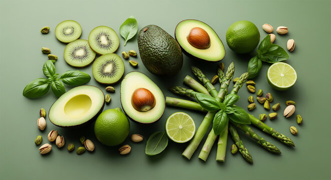 Fresh green vegetables and fruits flat lay avocado kiwi lime asparagus pistachios on green background - Powered by Adobe
