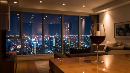 Luxury high-rise apartment living room with a glass of red wine overlooking a dazzling city skyline at night, perfect for upscale relaxation