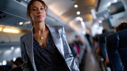 A confident woman in a silver blazer stands elegantly in an airplane aisle, embodying style, sophistication, and the modern travel experience amidst a busy cabin.