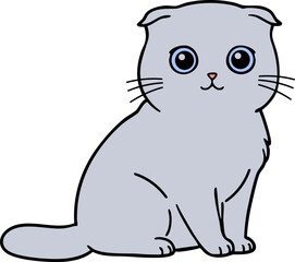 Cute Scottish Fold Cartoon Kitten Sitting with Big Blue Eyes
