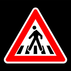 Warning traffic sign showing a pedestrian crossing symbol inside a red triangular frame